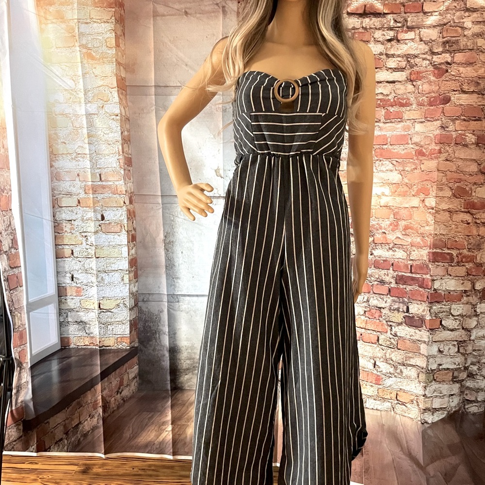 Altar'd State Striped Blue Jumpsuit/Romper Strapless Beach Wide Leg w/pockets
